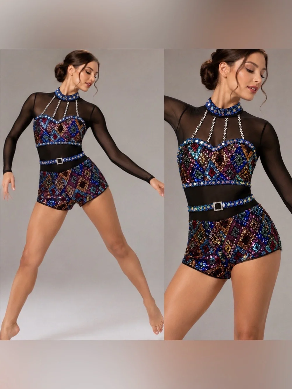 Glamour solo custom dance costume black blue leotard rhinestone LA-Large adult